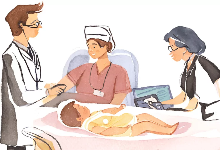 A doctor and nurse in a hospital room with a newborn baby and a lawyer looking over them